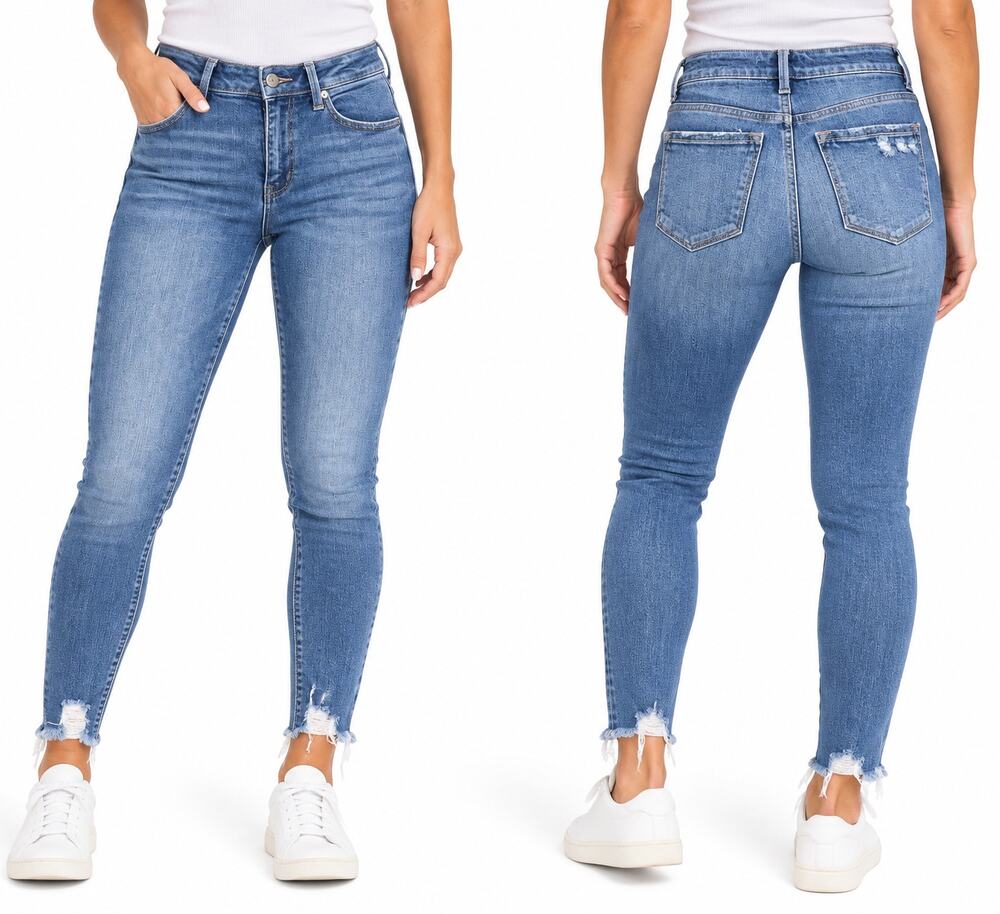 KanCan Women's Jeans 7/27 Medium Wash Skinny Distressed Raw Hem Stretch
